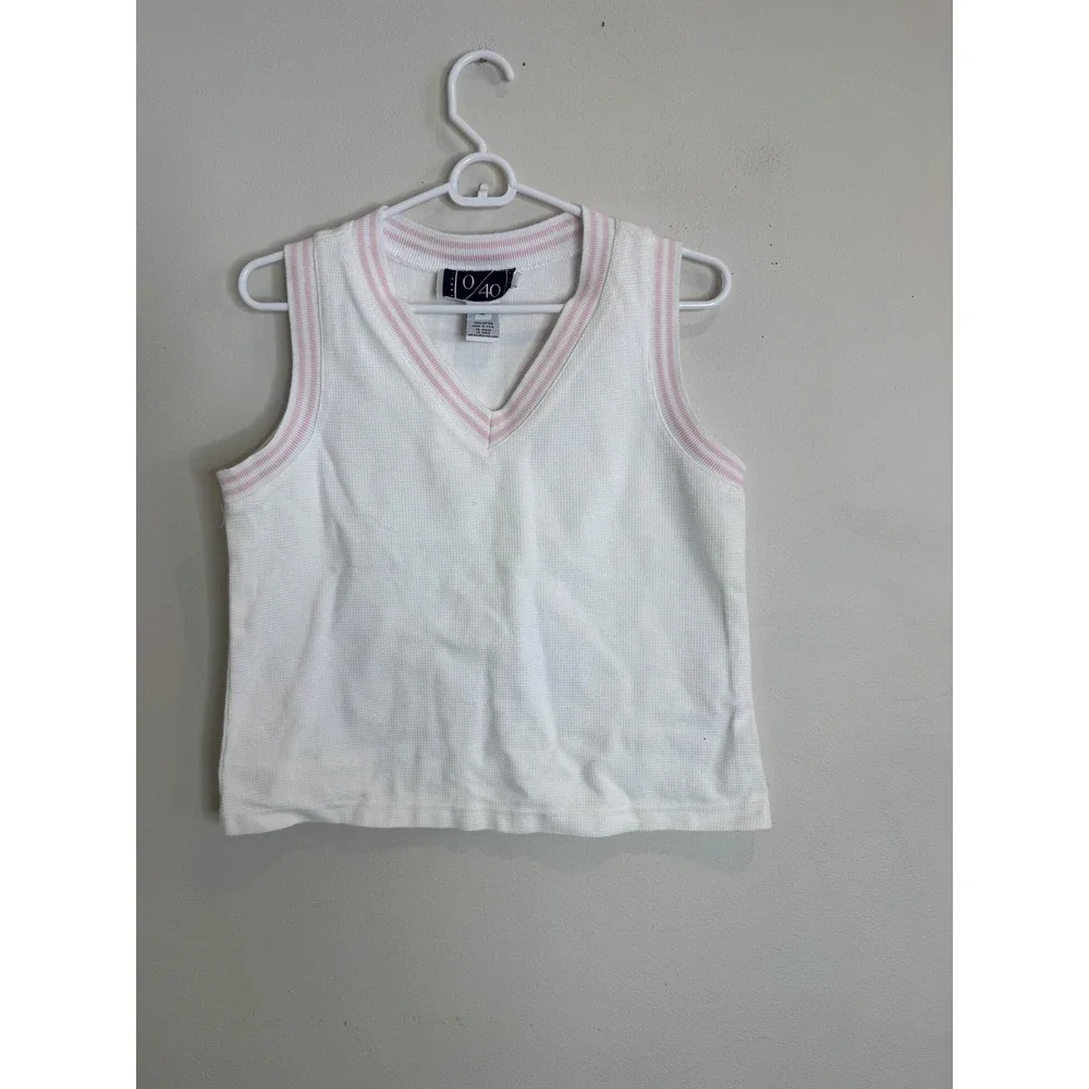 0/40 Sweater‎ Vest Womens Large White Waffle Knit V Neck Pink Trim Cotton Y2K